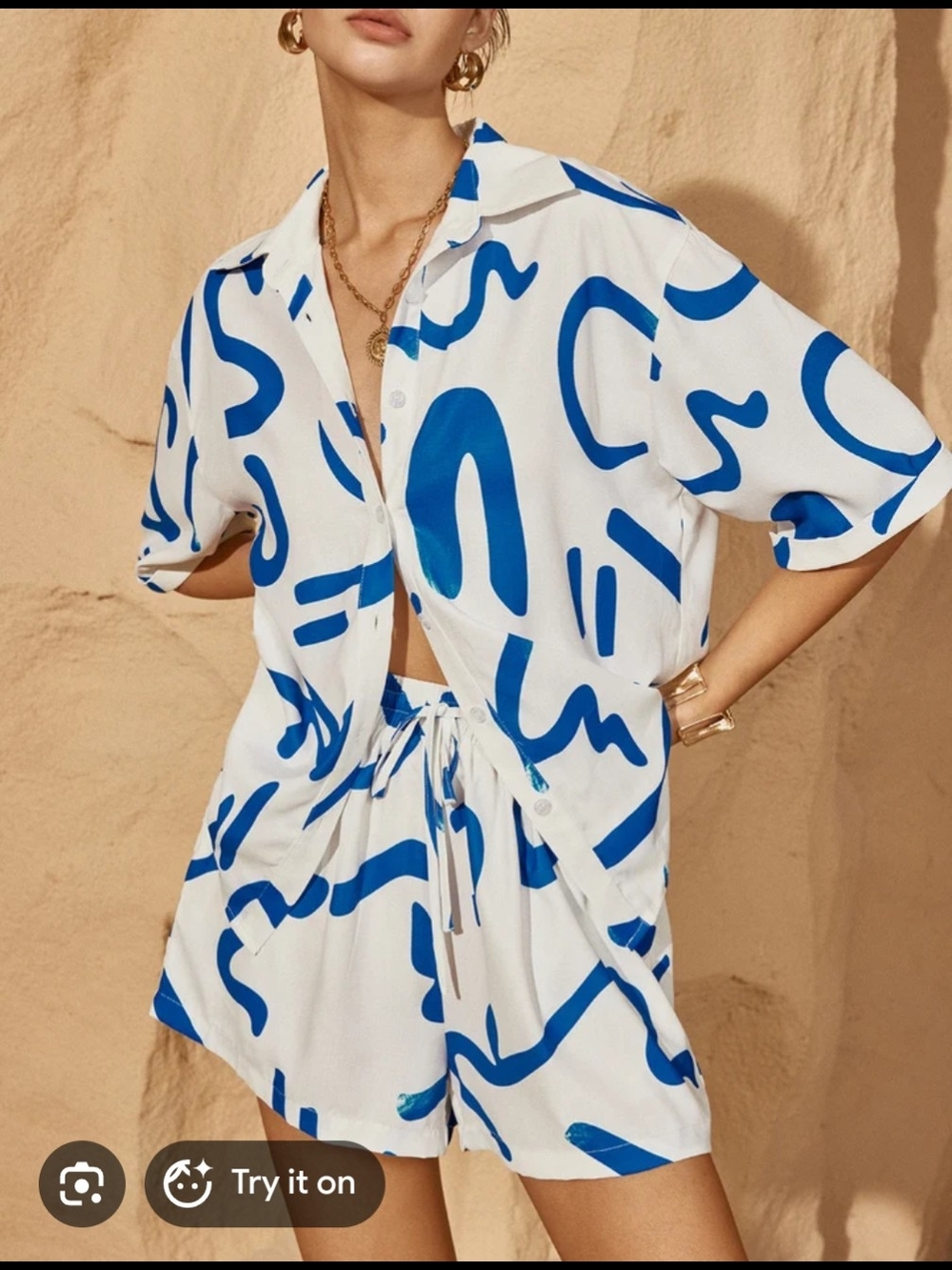 Commense White and Blue Abstract Print Shirt and Short Set, Small